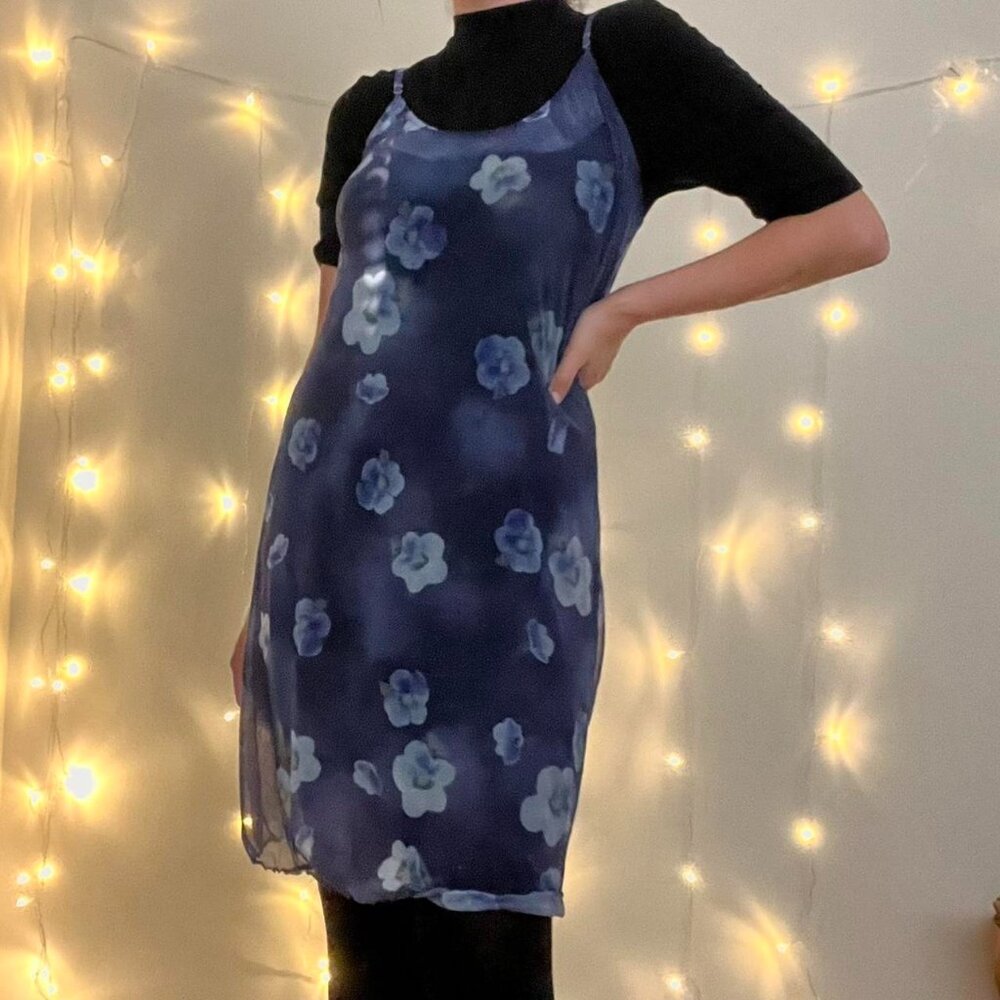 Violet blue sheer overlay mini dress with floral pattern
